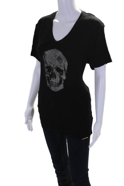 King of Cole Womens Short Sleeve V Neck Rhinestone Skull Tee Shirt Black Medium