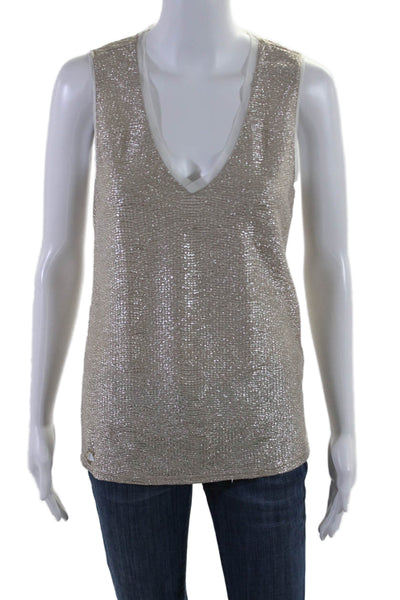 Reiss Womens Gold Textured Mesh Trim V-neck Sleeveless Tank Top Size S