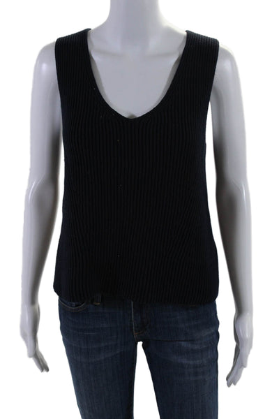 Vince Womens Sleeveless V Neck Ribbed Knit Top Navy Blue Cotton Size Small