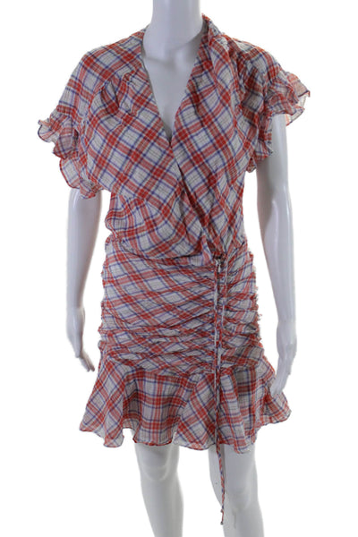 Veronica Beard Womens Short Sleeve V Neck Plaid Ruffled Dress White Orange 4