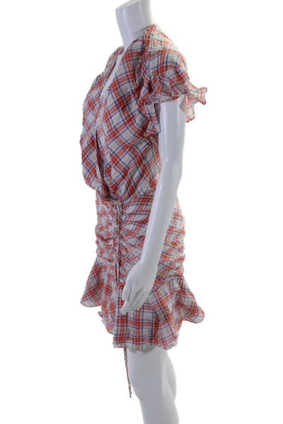 Veronica Beard Womens Short Sleeve V Neck Plaid Ruffled Dress White Orange 4