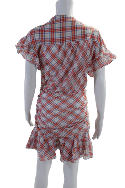 Veronica Beard Womens Short Sleeve V Neck Plaid Ruffled Dress White Orange 4