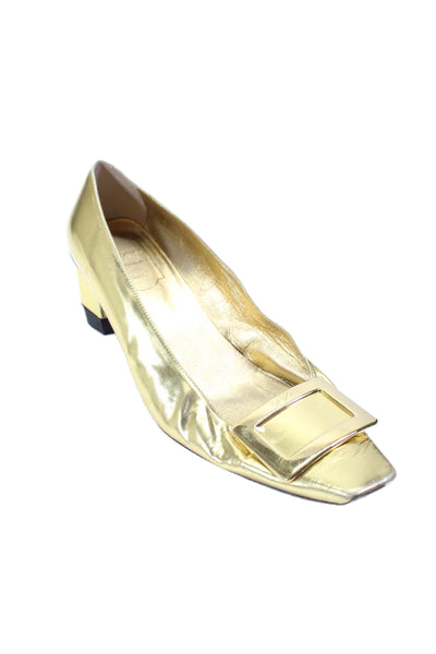 Roger Vivier Women's Square Toe Heels Embellish Workwear Shoes Gold Size 39.5