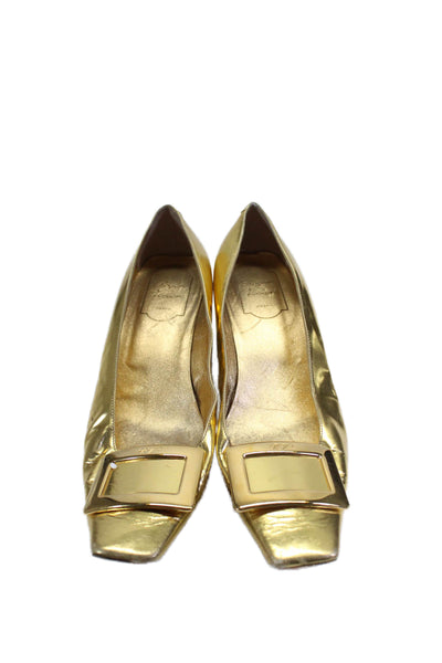 Roger Vivier Women's Square Toe Heels Embellish Workwear Shoes Gold Size 39.5