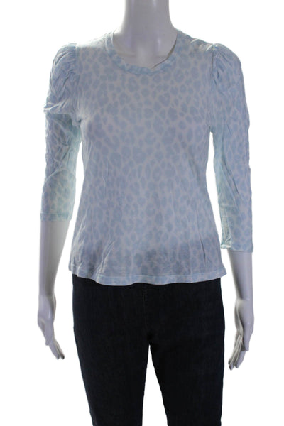 A.L.C. Womens Cotton Blend Blue Leopard Print Puff Long Sleeve Blouse Top Size M