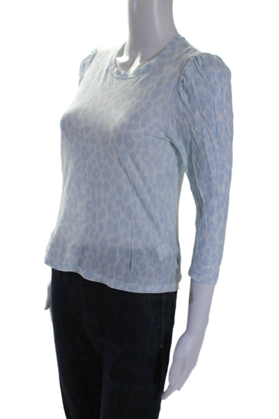 A.L.C. Womens Cotton Blend Blue Leopard Print Puff Long Sleeve Blouse Top Size M