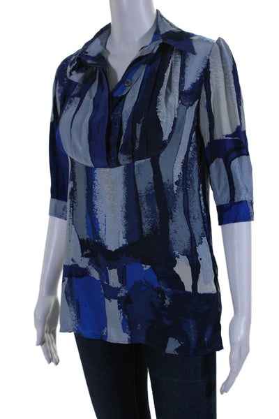 Ronny Kobo Womens Silk Striped Half Button Down Crew Neck Shirt Blue Size Small