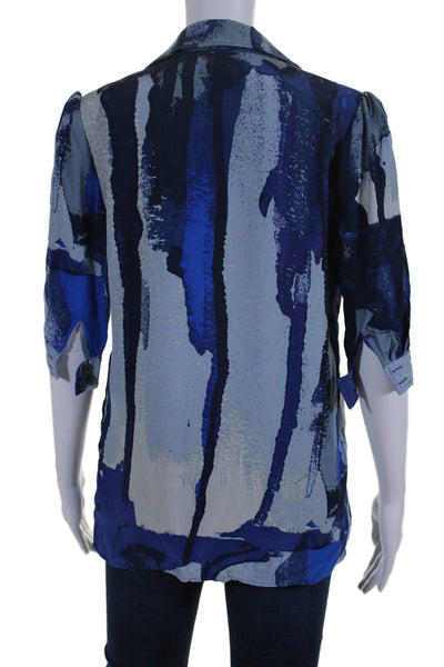 Ronny Kobo Womens Silk Striped Half Button Down Crew Neck Shirt Blue Size Small