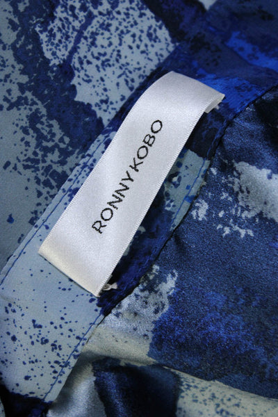 Ronny Kobo Womens Silk Striped Half Button Down Crew Neck Shirt Blue Size Small