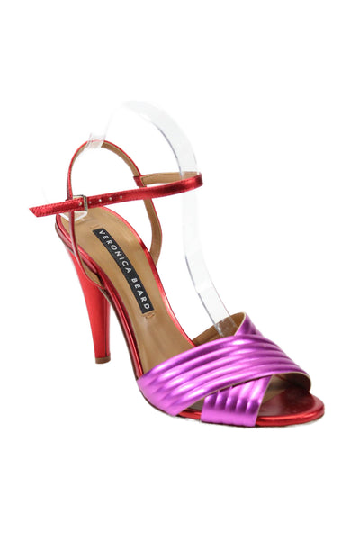 Veronica Beard Womens Metallic Ankle Strap Sandals Red Pink Leather Size 39.5