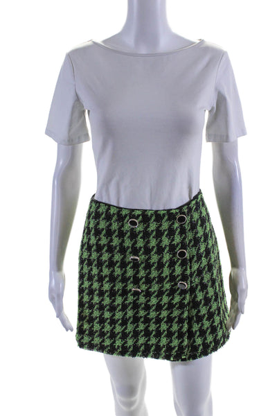 Majorelle Womens Woven Houndstooth Print Button Up Mini Skirt Green Size S