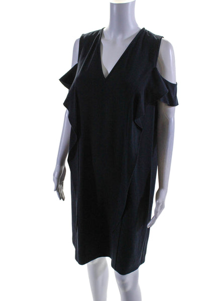 Elie Tahari Womens Back Zip Cold Shoulder V Neck Shift Dress Navy Blue Size 12