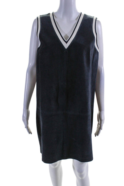 Theory Womens Back Zip Striped Trim V Neck Suede Shift Dress Navy Blue Size 10