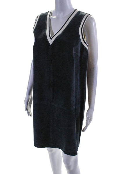 Theory Womens Back Zip Striped Trim V Neck Suede Shift Dress Navy Blue Size 10