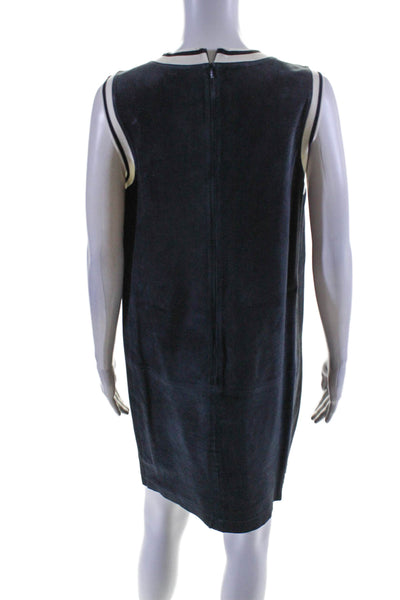 Theory Womens Back Zip Striped Trim V Neck Suede Shift Dress Navy Blue Size 10