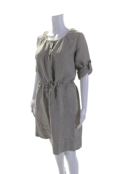 DKNYC Womens Linen V-neck Button Long Sleeve Short Dress Beige Size S