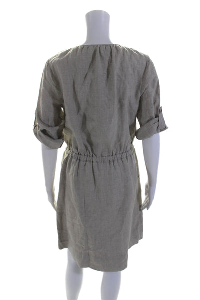 DKNYC Womens Linen V-neck Button Long Sleeve Short Dress Beige Size S