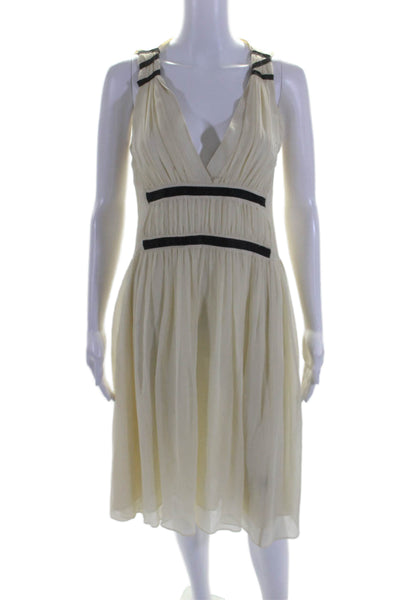 Chloe Womens Silk Beige Black Trim V-Neck Sleeveless Knee Length Dress Size 6