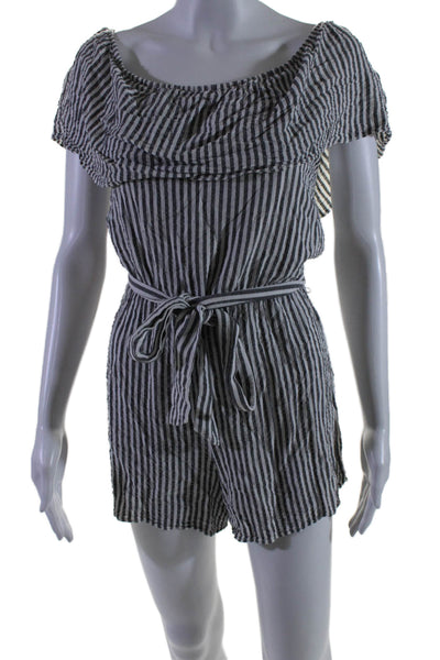 Alice + Olivia Womens Gray Striped Off Shoulder Short Sleeve Romper Size 8