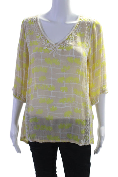 Calypso Womens Long Sleeve Silk Embroidered Pearl Blouse Yellow Size XS