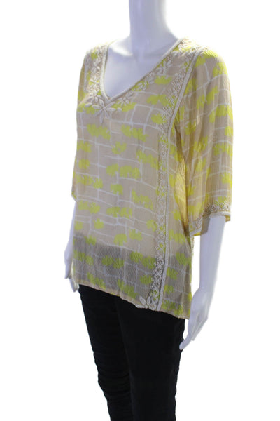 Calypso Womens Long Sleeve Silk Embroidered Pearl Blouse Yellow Size XS