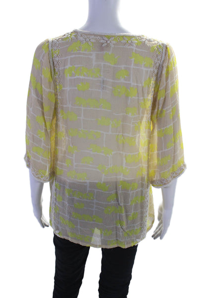 Calypso Womens Long Sleeve Silk Embroidered Pearl Blouse Yellow Size XS