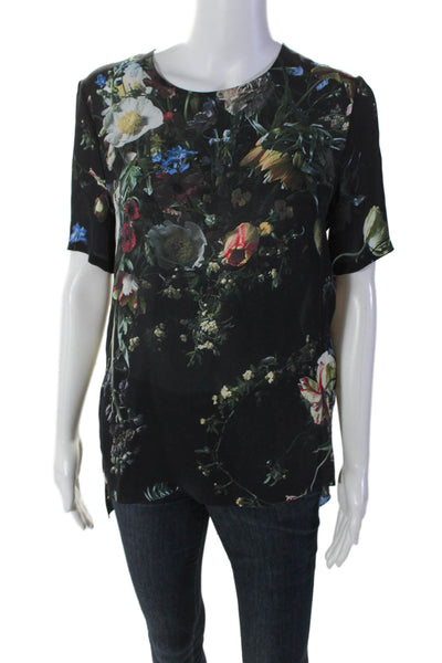 Adam Lippes Womens Silk Floral Printed Scoop Neck Short Sleeved Top Black Size 6