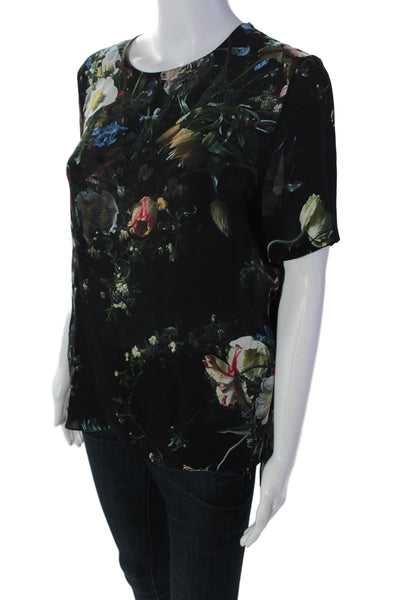 Adam Lippes Womens Silk Floral Printed Scoop Neck Short Sleeved Top Black Size 6