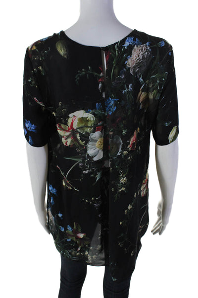 Adam Lippes Womens Silk Floral Printed Scoop Neck Short Sleeved Top Black Size 6