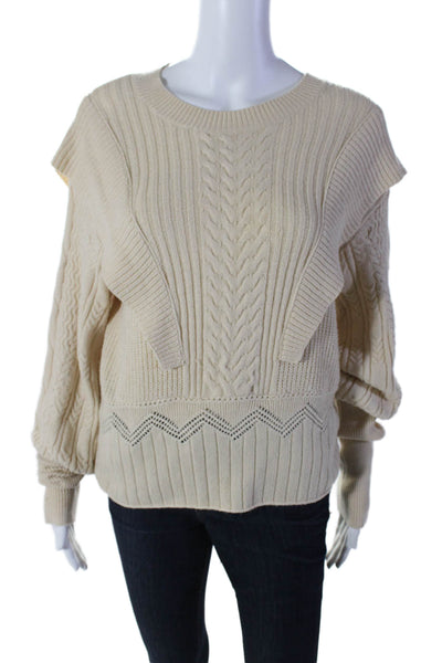 Elan Womens Long Sleeve Cable Knit Crewneck Pullover Sweater Beige Size M