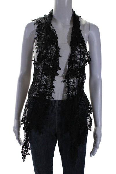 Adriana Degreas Womens Textured Crochet Knit Open Front Vest Top Black Size M