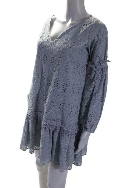 Taj By Sabrina Grippa Womens Cotton Mesh Embroidered Ruffled Dress Blue Size M