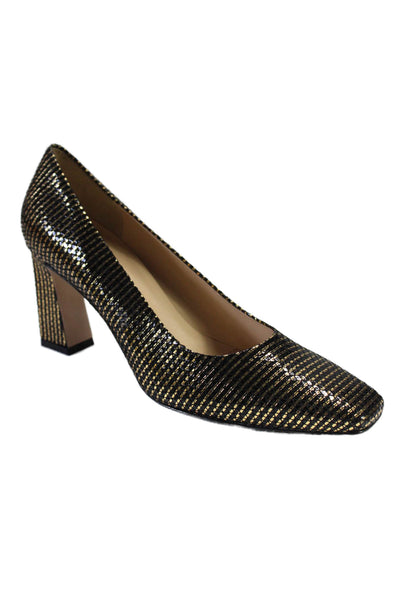 Brunate Womens Leather Metallic Striped Pointed Squared Pumps Gold Black Size 40