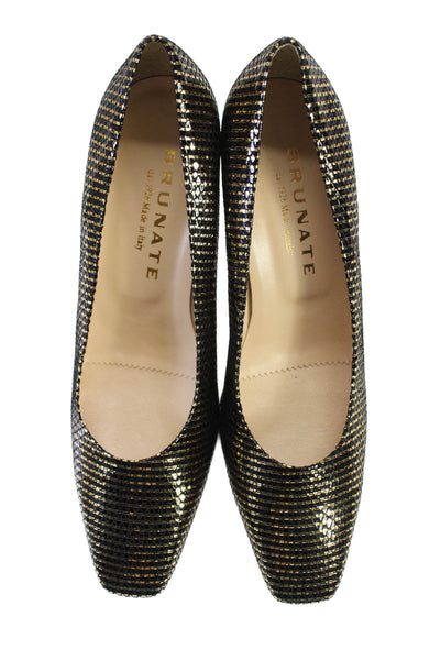 Brunate Womens Leather Metallic Striped Pointed Squared Pumps Gold Black Size 40