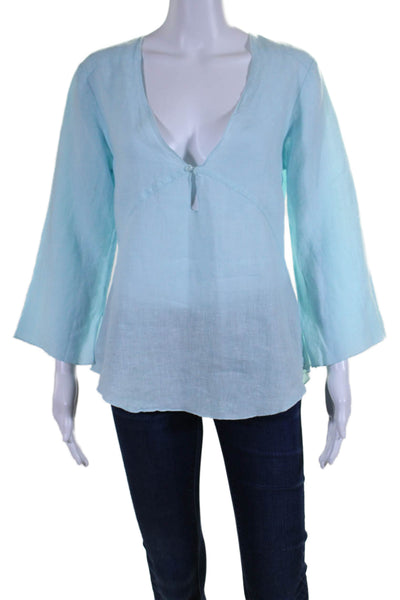 Calypso Christiane Celle Womens Linen V Neck Blouse Sky Blue Size Medium