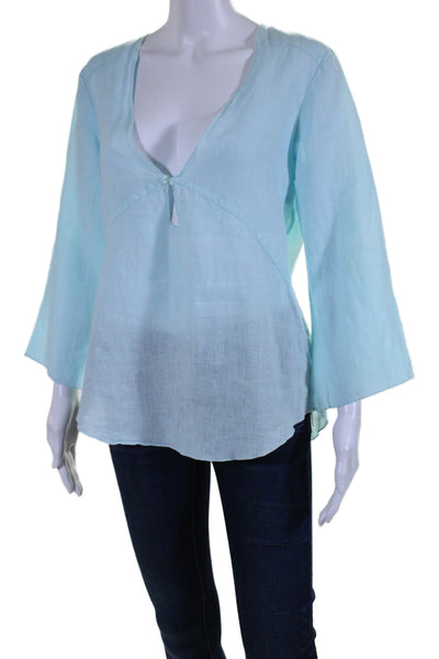 Calypso Christiane Celle Womens Linen V Neck Blouse Sky Blue Size Medium