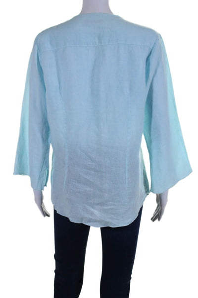 Calypso Christiane Celle Womens Linen V Neck Blouse Sky Blue Size Medium