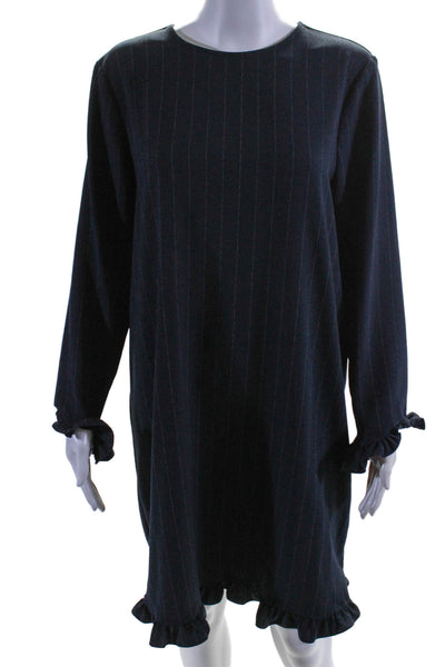 Ganni Womens Back Zip Long Sleeve Crew Neck Pinstriped Dress Navy Size FR 42