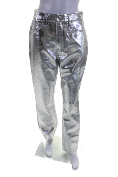 Good American Womens Metallic Vegan Leather High-Rise Pants Silver Size 27