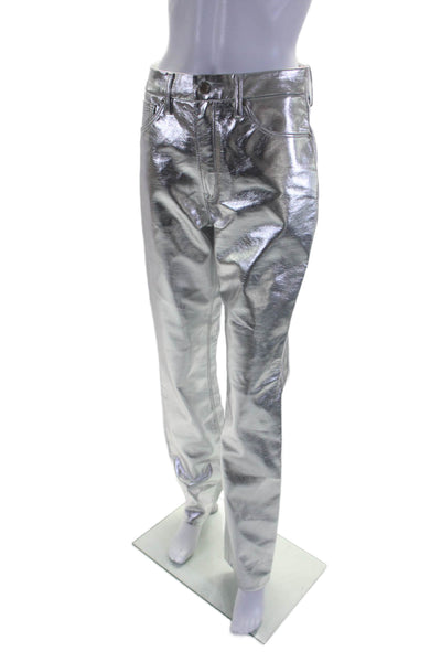 Good American Womens Metallic Vegan Leather High-Rise Pants Silver Size 27