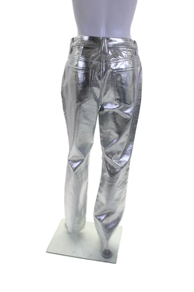 Good American Womens Metallic Vegan Leather High-Rise Pants Silver Size 27