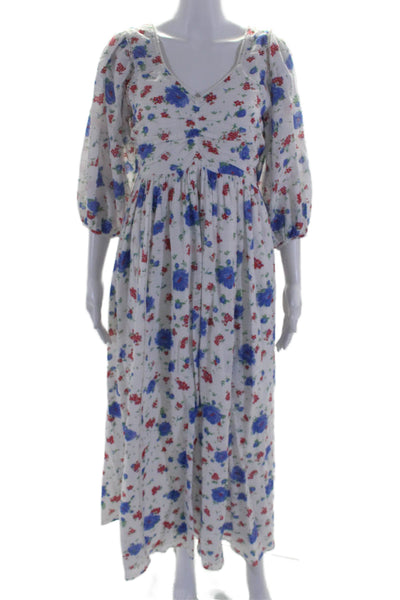 Love Shack Fancy Womens Cotton Floral Print V-Neck Maxi Dress White Size 4