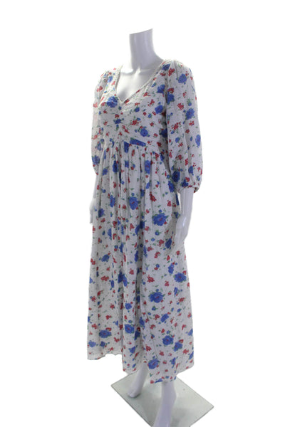 Love Shack Fancy Womens Cotton Floral Print V-Neck Maxi Dress White Size 4