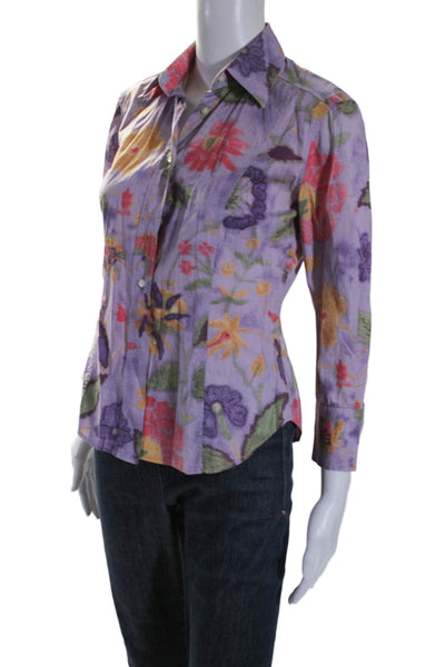 Etro Womens Button Front 3/4 Sleeve Collared Floral Shirt Purple Cotton IT 38