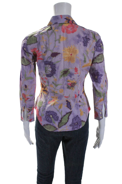 Etro Womens Button Front 3/4 Sleeve Collared Floral Shirt Purple Cotton IT 38