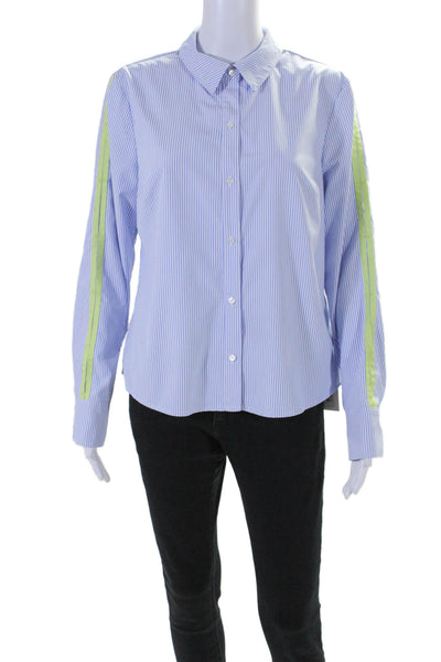 Ecru Womens Textured Collared V-neck Stripe Button Up Blouse Blue Size M