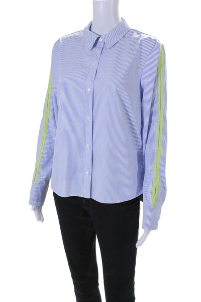 Ecru Womens Textured Collared V-neck Stripe Button Up Blouse Blue Size M