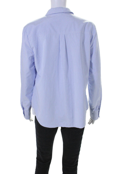 Ecru Womens Textured Collared V-neck Stripe Button Up Blouse Blue Size M