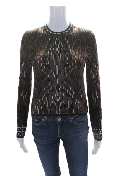 Hayley Menzies Womens Geometric Long Sleeve Round Neck Sweater Brown Size XS