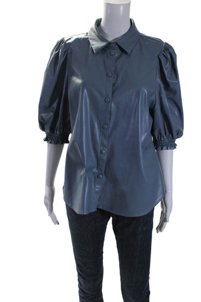 Dolan Womens Dusty Blue Faux Leather Button Front Short Sleeve Blouse Top Size L